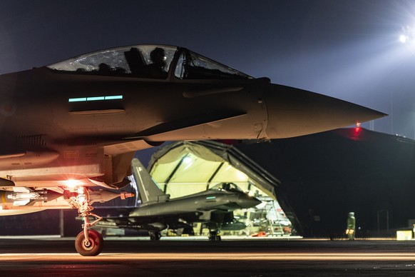 In this photo provided by Britain&#039;s Ministry of Defense, a Royal Air Force Typhoon aircraft prepares to take off, along with others, to conduct further strikes against Houthi targets in Yemen, Sa ...