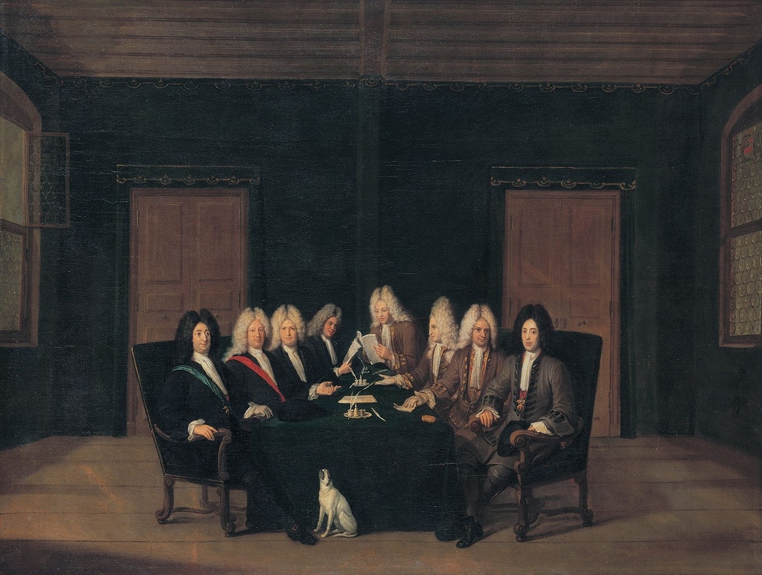Abgeordnete des Badener Friedenskongresses 1714, Gemälde von Johann Rudolf Huber.
https://commons.wikimedia.org/wiki/File:Members_of_the_Peace_Congress_of_Baden,_by_Johann_Rudolf_Huber.jpg