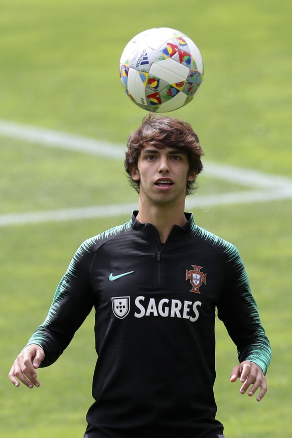 epa07622051 Portugal player Joao Felix in action during a training session of the Portuguese National Soccer Team in preparation for the Final Phase of the UEFA Nations League, at Bessa stadium, in Po ...