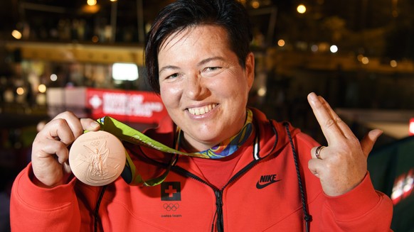 Bronze medalist of the shooting women&#039;s 25m Pistol competition Heidi Diethelm Gerber of Switzerland poses with the bronze medal during a medal celebration at the House of Switzerland, in Rio de J ...