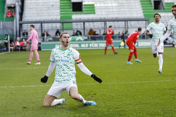 Branimir Hrgota from Fuerth celebrates after scoring the opening goal during the German Bundesliga soccer match between SpVgg Greuther Fuerth and Hertha BSC Berlin in Fuerth, Germany, Saturday, Feb. 1 ...