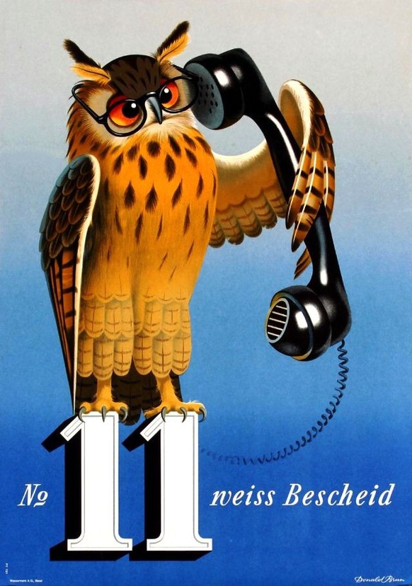 No 11 weiss Bescheid, vom Basler Werbedesigner Donald Brun, 1945.