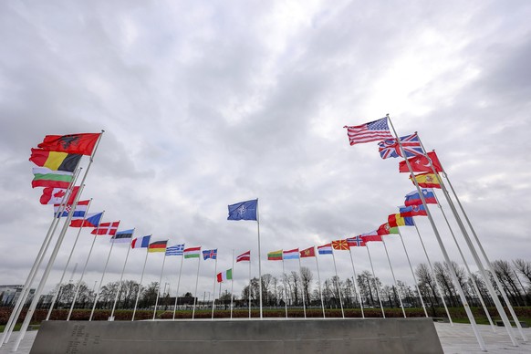 Flags of NATO member countries flap in the wind outside NATO headquarters in Brussels, Tuesday, Feb. 22, 2022. World leaders are getting over the shock of Russian President Vladimir Putin ordering his ...