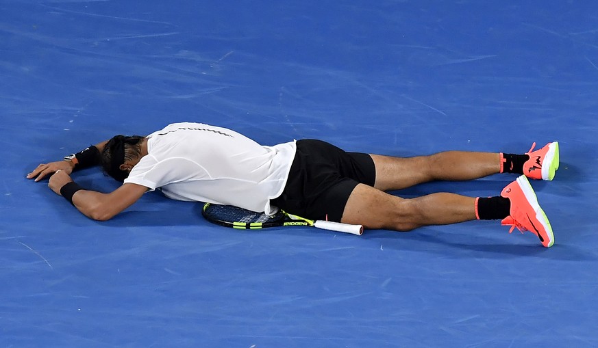 Spain&#039;s Rafael Nadal celebrates after defeating Bulgaria&#039;s Grigor Dimitrov during their semifinal at the Australian Open tennis championships in Melbourne, Australia, early Saturday, Jan. 28 ...