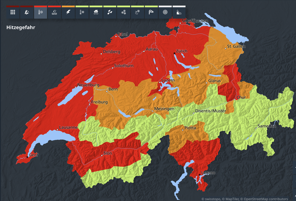 Für Sonntag gelten wieder Hitzewarnungen in verschiedenen Regionen. Rot bedeutet grosse Gefahr.