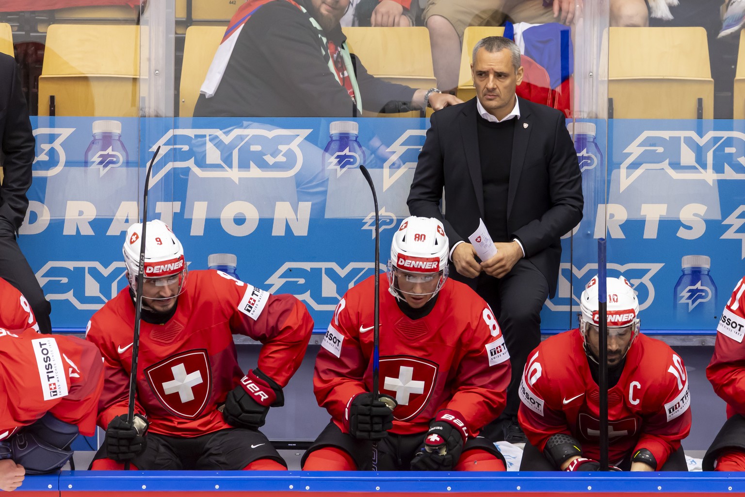 Jan Cadieux Jan, assistant coach of Switzerland national ice hockey team, looks the game, during the IIHF 2025 World Championship preliminary round group B game between Switzerland and Kazakhstan, at  ...