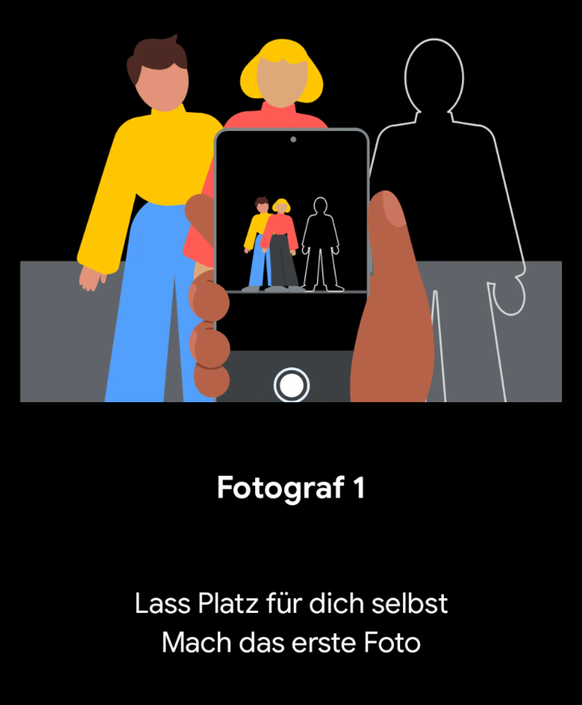 Mich hinzufügen: Zwei Bilder von Fotograf 1 und Fotograf 2 werden zu einem Bild zusammengefügt, auf dem am Ende alle Personen zu sehen sind.