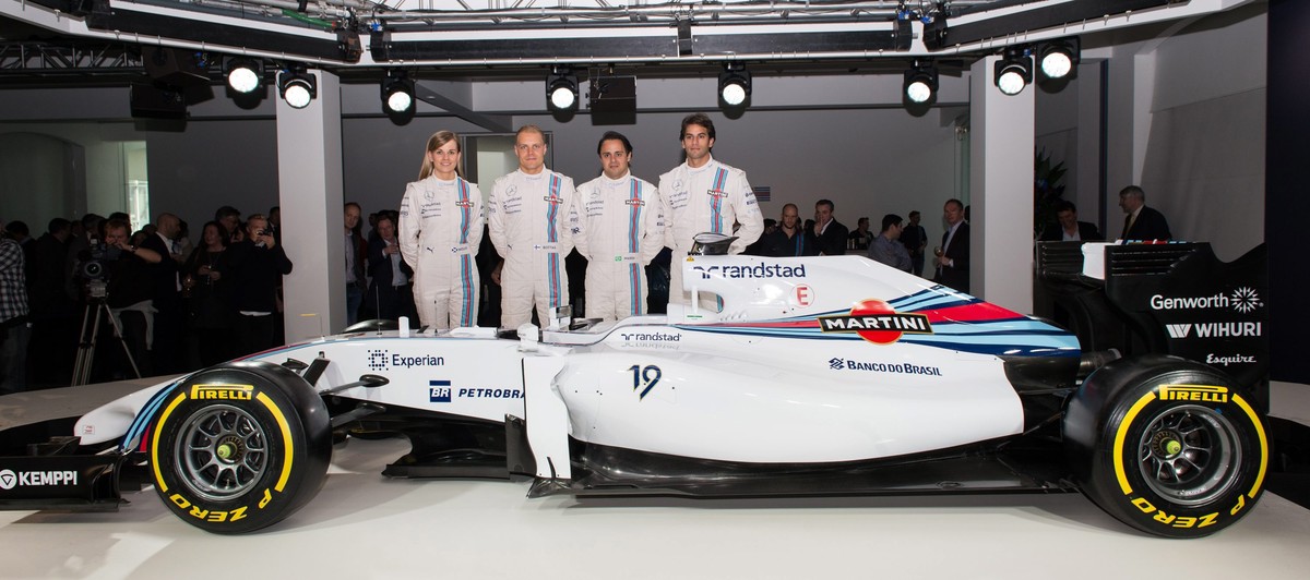 Susie Wolff bei der Teampräsentation von Williams mit Felipe Massa und Valtteri Bottas.