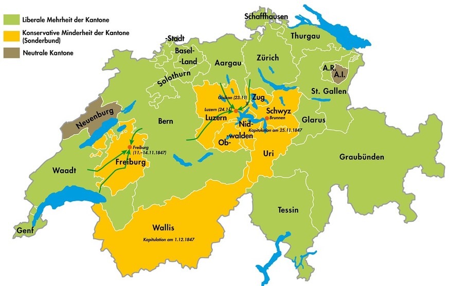 Karte: Der Sonderbundskrieg in der Schweiz 1847.
