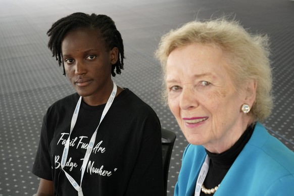 Vanessa Nakate, from Uganda, left, and Mary Robinson, former President of Ireland, attend an interview with The Associated Press at the COP27 UN Climate Summit, Wednesday, November 16, 2022, in Sharm el-S...