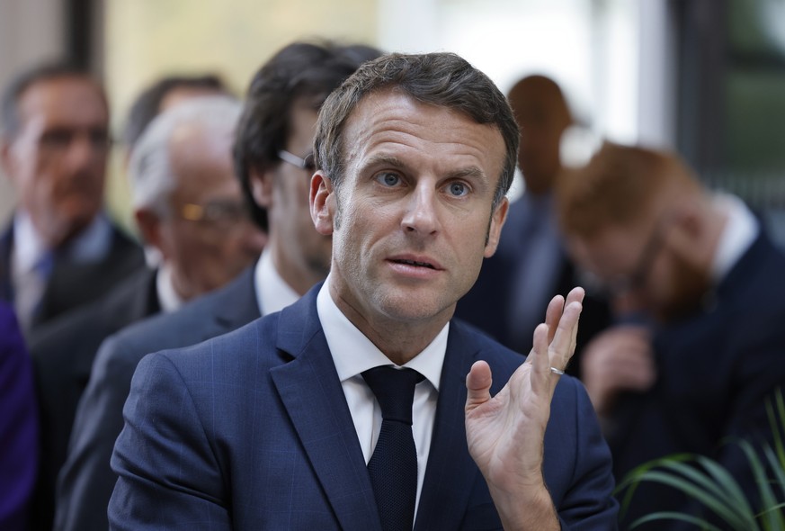 epa10234791 French President Emmanuel Macron visits the town of Laval, northwestern France, 10 October 10 2022. On 10 October Macron attended a meeting of the Conseil National de la Refondation (CNR)  ...