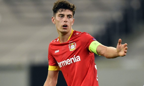 epa08596365 Kai Havertz of Leverkusen reacts during the UEFA Europa League quarter final soccer match between Inter Milan and Bayer Leverkusen in Duesseldorf, Germany, 10 August 2020. EPA/Martin Meiss ...