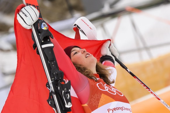 Gold medal winner Michelle Gisin of Switzerland celebrates during the victory podium of the slalom race of the Women Alpine Skiing Combined race in the Jeongseon Alpine Centre during the XXIII Winter  ...