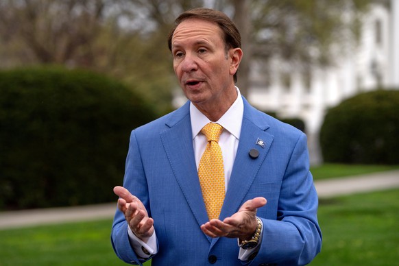 FILE - Louisiana Gov. Jeff Landry records a social media video outside the White House, March 24, 2025, in Washington. (AP Photo/Mark Schiefelbein, file)
Jeff Landry