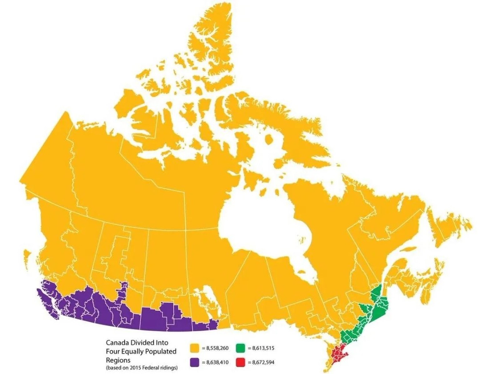 Kanada in vier bevölkerungsmässig gleich grosse Zonen aufgeteilt.
https://www.reddit.com/r/MapPorn/comments/1eqwy8a/canada_divided_into_four_equally_populated_regions/