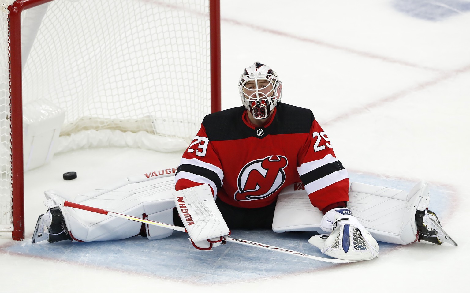 New Jersey Devils goaltender Mackenzie Blackwood reacts after the team&#039;s 5-4 loss in a shootout to the Winnipeg Jets in an NHL hockey game Friday, Oct. 4, 2019, in Newark, N.J. (AP Photo/Noah K.  ...