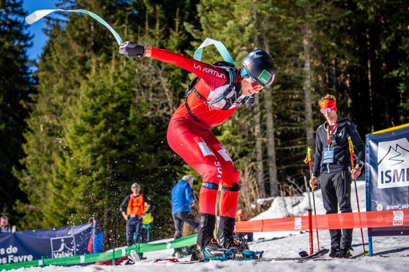 KEYPIX - Arno Lietha of Switzerland, in action during the Sprint race at the ISMF Ski Mountaineering World Championships, in Morgins, Switzerland, Thursday, March 6, 2025. (KEYSTONE/Maxime Schmid)