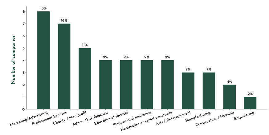 Auswertung des 4-Tage-Woche-Experiments in Grossbritannien. Resultate aus dem Report. Das Diagramm zeigt die beteiligten Firmen und deren Branche