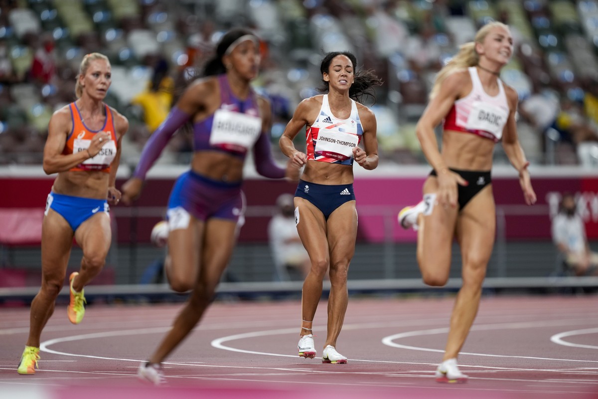 Katarina Johnson-Thompson, of Britain, reacts during a heat in the heptathlon women's 200-meter at the 2020 Summer Olympics, Wednesday, Aug. 4, 2021, in Tokyo. (AP Photo/Martin Meissner)