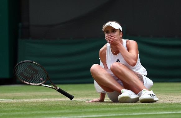 epa10736744 Elina Svitolina of Ukraine reacts after winning against Victoria Azarenka of Belarus their Women&#039;s Singles 4th round match at the Wimbledon Championships, Wimbledon, Britain, 09 July  ...