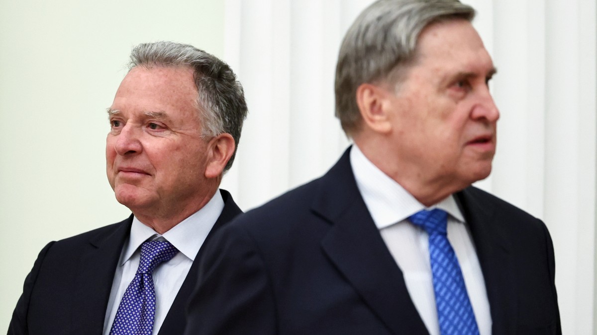 U.S. President Donald Trump's envoy Steve Witkoff, left, and Kremlin foreign policy adviser Yuri Ushakov, wait for their meeting with Russian President Vladimir Putin at the Senate Palace of the  ...