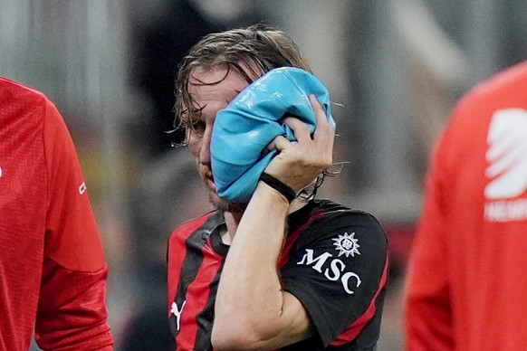 AC Milan's Luka Modric is injured during the Serie A soccer match between AC Milan and Juventus, in Milan, Italy, Sunday, April 26, 2026. (Spada/LaPresse via AP)
Luka Modric