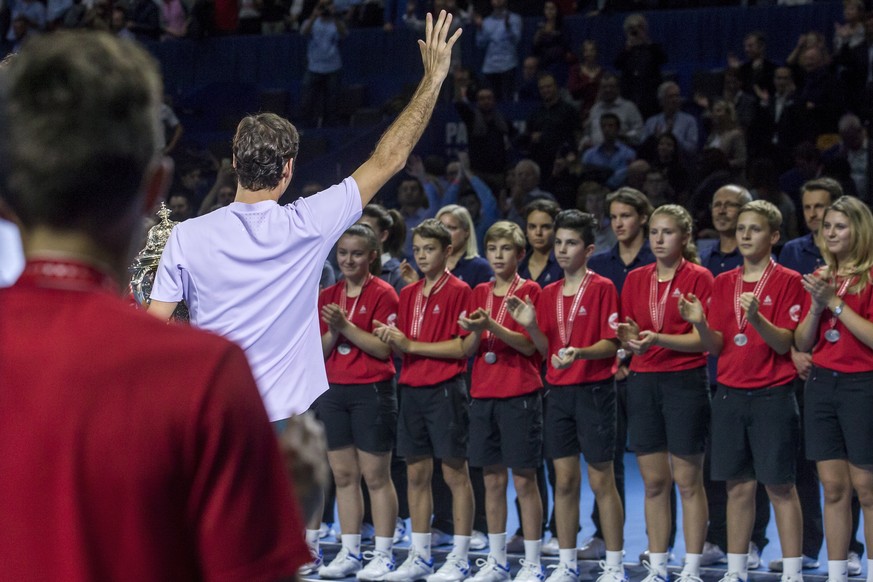 Switzerland&#039;s Roger Federer during the award ceremony after the final between Switzerland&#039;s Roger Federer and Argentina&#039;s Juan Martin del Potro at the Swiss Indoors tennis tournament at ...