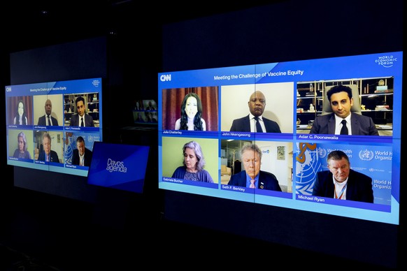 Screens show on top from left to right: Julia Chatterley, Moderator, John Nkengasong, Director of the Africa Centres for Disease Control and Prevention (Africa CDC), Adar Poonawalla, CEO Serum Institu ...