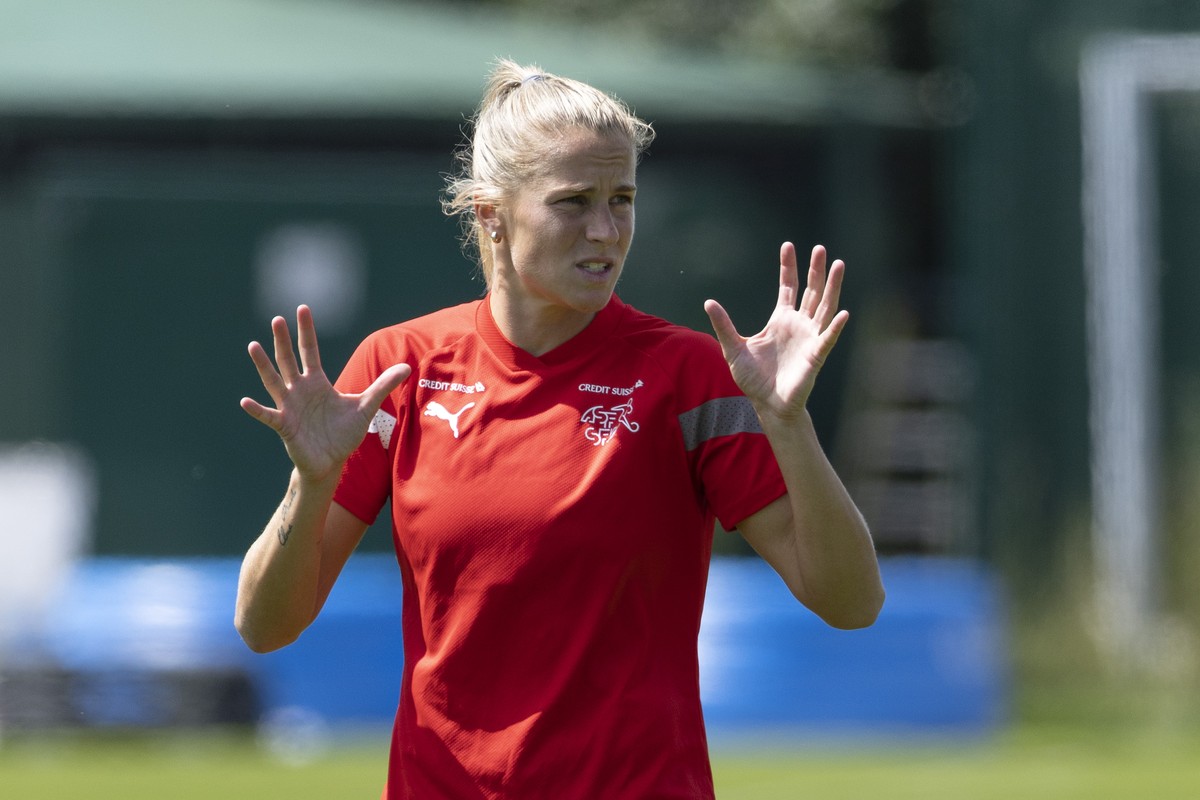 Switzerland's forward Ana-Maria Crnogorcevic gestures during a training session of the Team Switzerland at the Town Academy Training Ground, at the UEFA Women's Euro England 2022, in Hudders ...