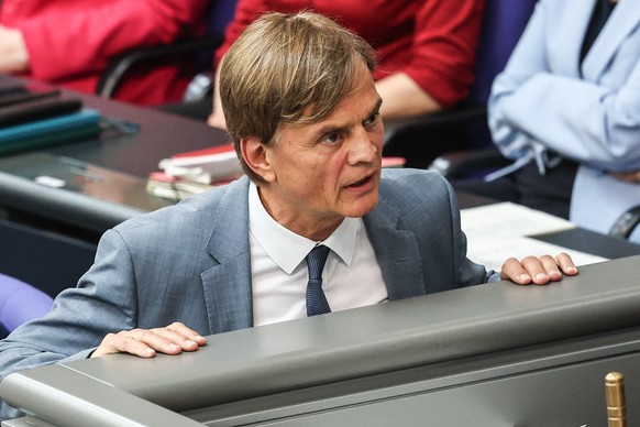 epa12231554 Parliamentary manager of the Alternative for Germany (AfD) party Bernd Baumann during a session of the German parliament 'Bundestag' in Berlin, Germany, 11 July 2025. EPA/FILIP S ...