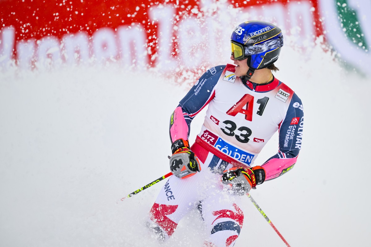 Flavio Vitale from France reacts in the finish area during the second run of the Mens Giant Slalom race of the FIS Alpine Ski World Cup season opener on the Rettenbach glacier, in Soelden, Austria, o ...