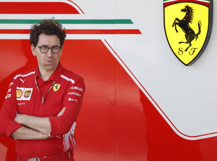 epa06653155 Ferrari Chief Technical Officer Mattia Binotto stands in the paddock before the third practice session for the 2018 Formula One Grand Prix of Bahrain at the Sakhir circuit near Manama, Bah ...
