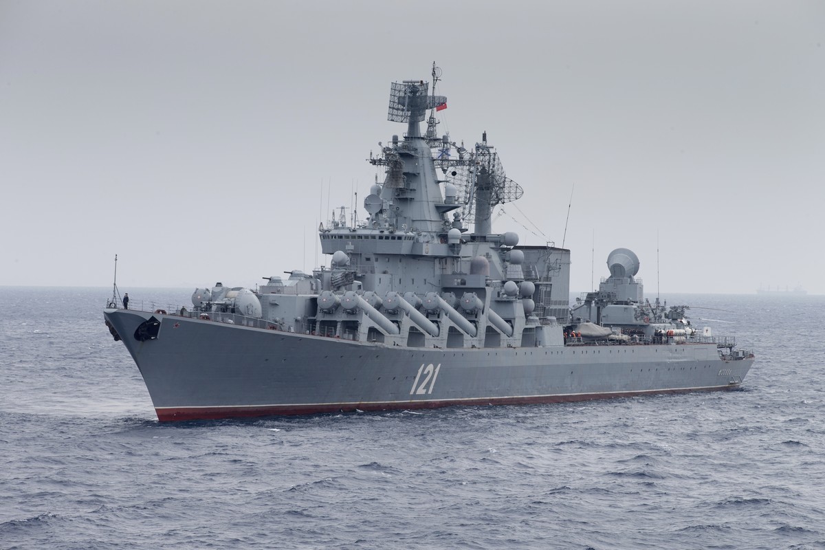 FILE - In this photo provided by the Russian Defense Ministry Press Service, Russian missile cruiser Moskva is on patrol in the Mediterranean Sea near the Syrian coast on Dec. 17, 2015. (Russian Defen ...