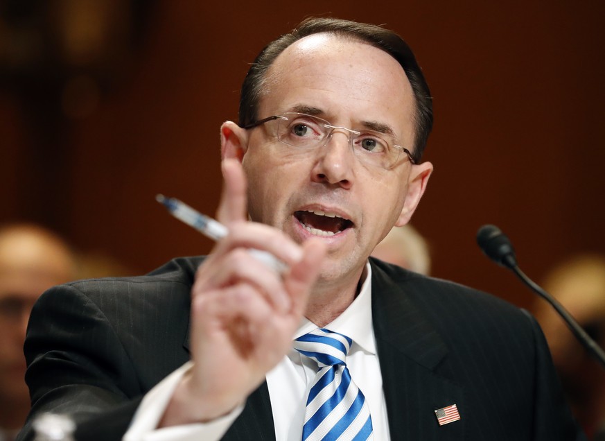Deputy Attorney General Rod Rosenstein testifies on Capitol Hill in Washington, Tuesday, June 13, 2017, before a Senate Appropriations subcommittee hearing on the Justice Department&#039;s fiscal 2018 ...