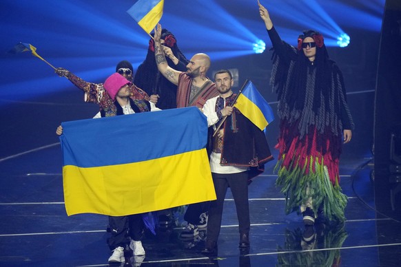 Kalush Orchestra from Ukraine arrives for the Grand Final of the Eurovision Song Contest at Palaolimpico arena, in Turin, Italy, Saturday, May 14, 2022. (AP Photo/Luca Bruno)