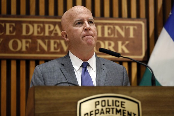 Police Commissioner James P. O&#039;Neill makes an announcement at New York City Police Dept. headquarters, Monday, Aug. 19, 2019. After five years of investigations and protests, the New York City Po ...