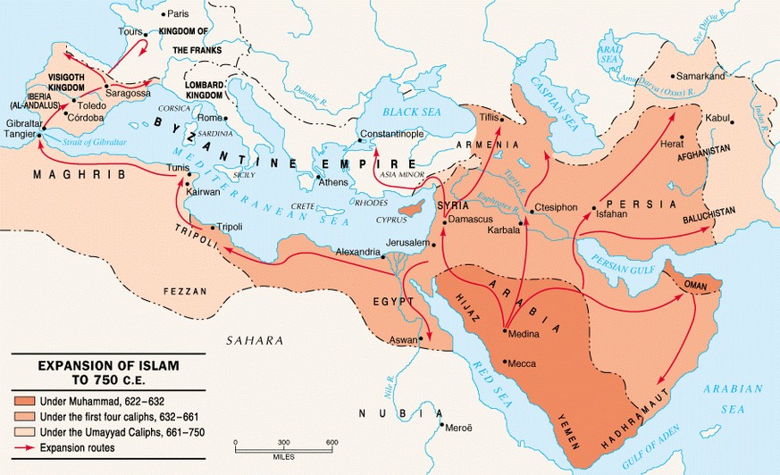 Bis 750 eroberten die muslimischen Heere riesige Gebiete. Das Umayyaden-Reich war eines der grössten Imperien der Geschichte.&nbsp;&nbsp;