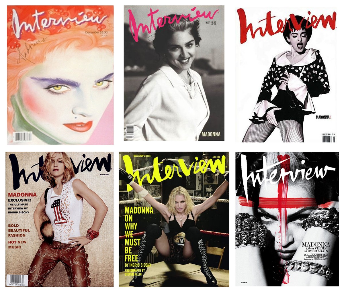 Madonna und «Interview» kommen immer wieder zusammen. Von links oben nach rechts unten Coverbilder von 1985, 1989, 1990, 2001, 2008 und 2010.
