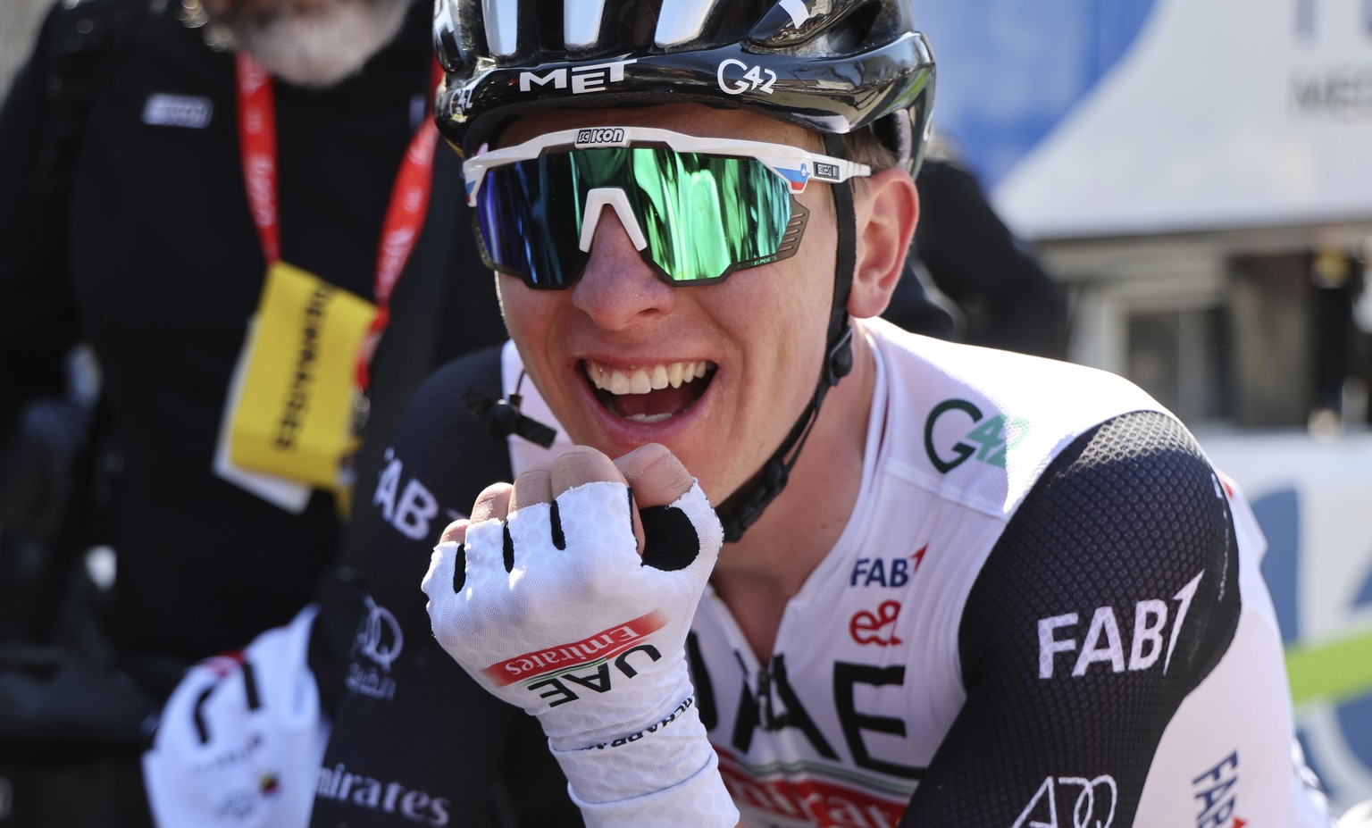 Slovenia&#039;s Tadej Pogacar of the UAE Team Emirates reacts after crossing the finish line to win the Belgian cycling classic and UCI World Tour race Fleche Wallonne (Walloon Arrow), in Huy, Belgium ...