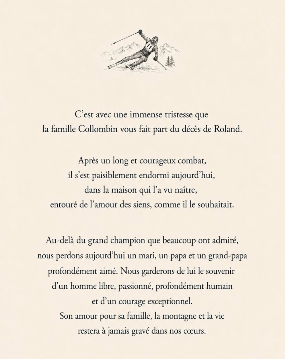 Le communiqué diffusé par la fille de Roland Collombin sur son compte Instagram.