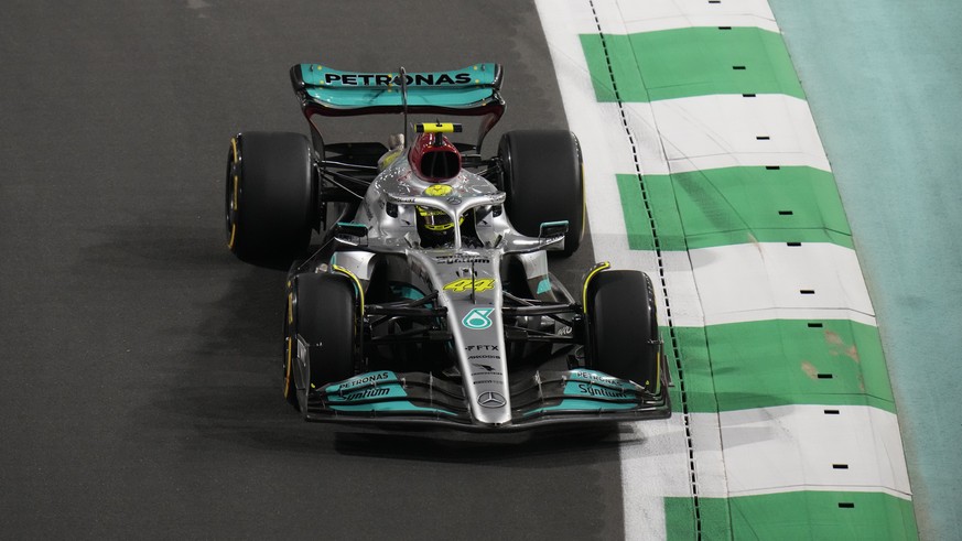 Mercedes driver Lewis Hamilton of Britain steers his car during qualifying session for the Formula One Grand Prix it in Jiddah, Saudi Arabia, Saturday, March 26, 2022. (AP Photo/Hassan Ammar)