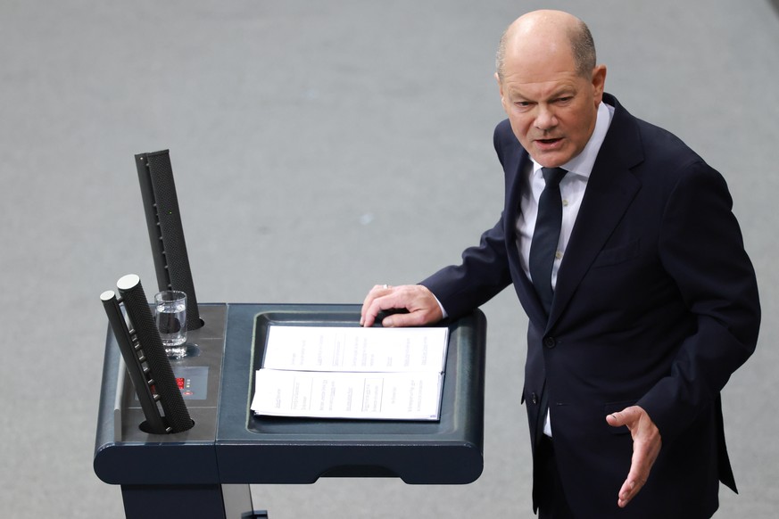 epa11718265 German Chancellor Olaf Scholz delivers a speech at the German Parliament Bundestag in Berlin, Germany, 13 November 2024. German Chancellor Scholz delivered a government statement on the cu ...