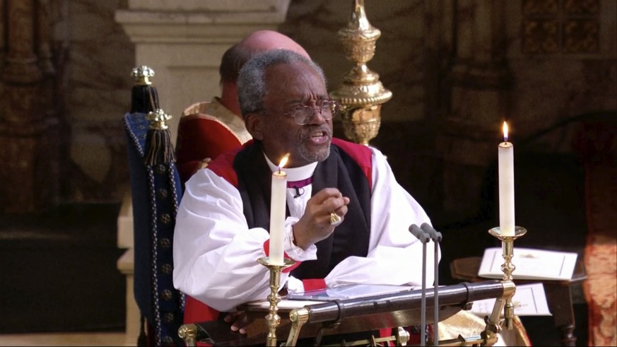 In this frame from video, the Most Rev. Michael Bruce Curry speaks during the wedding ceremony of Britain&#039;s Prince Harry and Meghan Markle at St. George&#039;s Chapel in Windsor Castle in Windsor ...