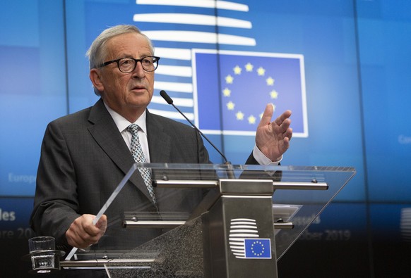 European Commission President Jean-Claude Juncker speaks during a media conference at an EU summit in Brussels, Friday, Oct. 18, 2019. After agreeing on terms for a new Brexit deal, European Union lea ...