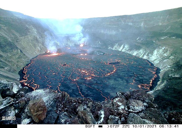 This image provided by USGS Volcanoes shows the eruption within in Kilauea volcano&#039;s Halemaumau crater taken from a static web cam on Friday, Oct. 1, 2021. One of the most active volcanos on Eart ...