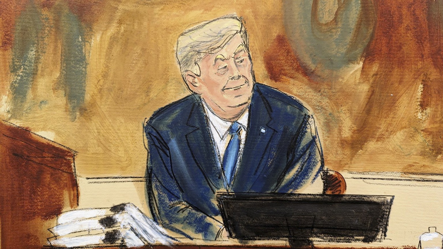In this courtroom sketch, former President Donald Trump smiles as Judge Arthur Engoron overrules his attorney&#039;s objections to the questions by the Assistant Attorney General in New York Supreme C ...