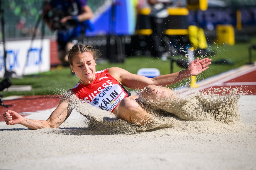 Annik Kaelin of Switzerland competes for the women&#039;s long jump as part of Heptathlon during the IAAF World Athletics Championships, at the Hayward Field stadium, in Eugene, United States, Monday, ...