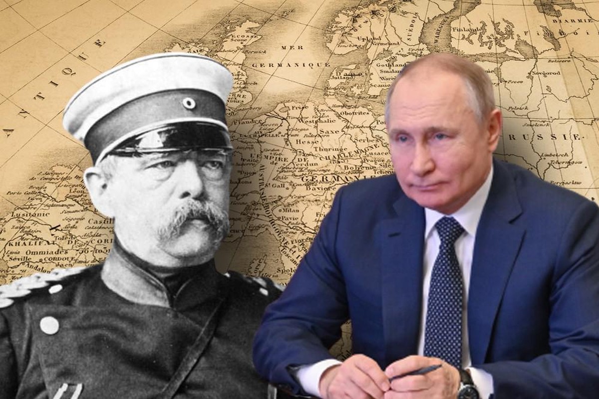 Otto von Bismarck und Wladimir Putin vor einer Europa-Karte.