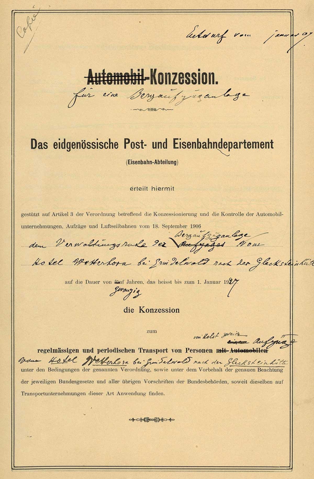 Für ein solches Gefährt gab es noch gar keine Formulare, weshalb man sich übergangsweise mit einer Automobil-Konzession behalf.
https://www.recherche.bar.admin.ch/recherche/#/de/archiv/einheit/3246199