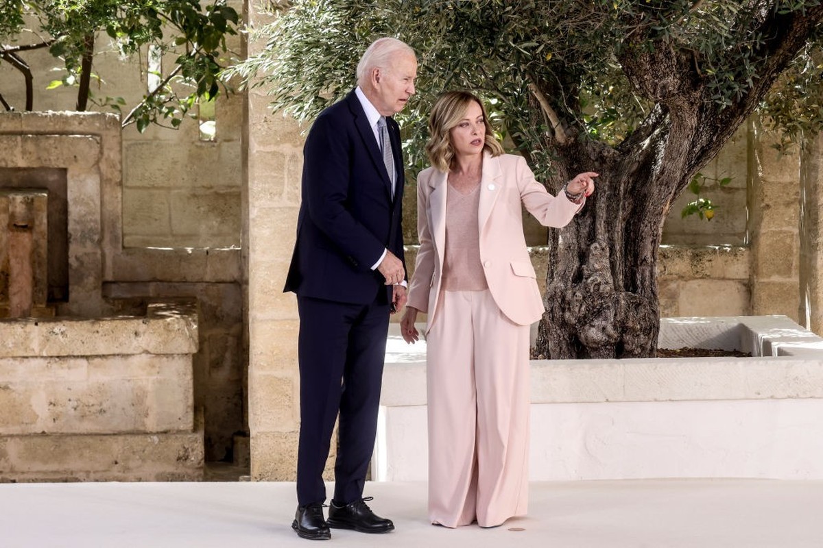 FASANO, ITALY - JUNE 13: Italy's Prime Minister Giorgia Meloni welcomes US President Joe Biden during the first day of the G7 meeting at Borgo Egnazia resort, on June 13, 2024 in Fasano, Italy. ( ...